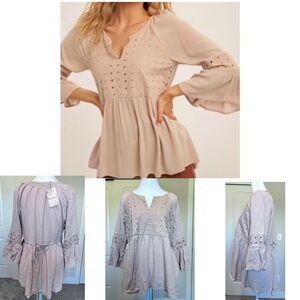 NWT Hem & Thread Eyelet Peasant Flare Sleeve Tie Back Top Sz Medium